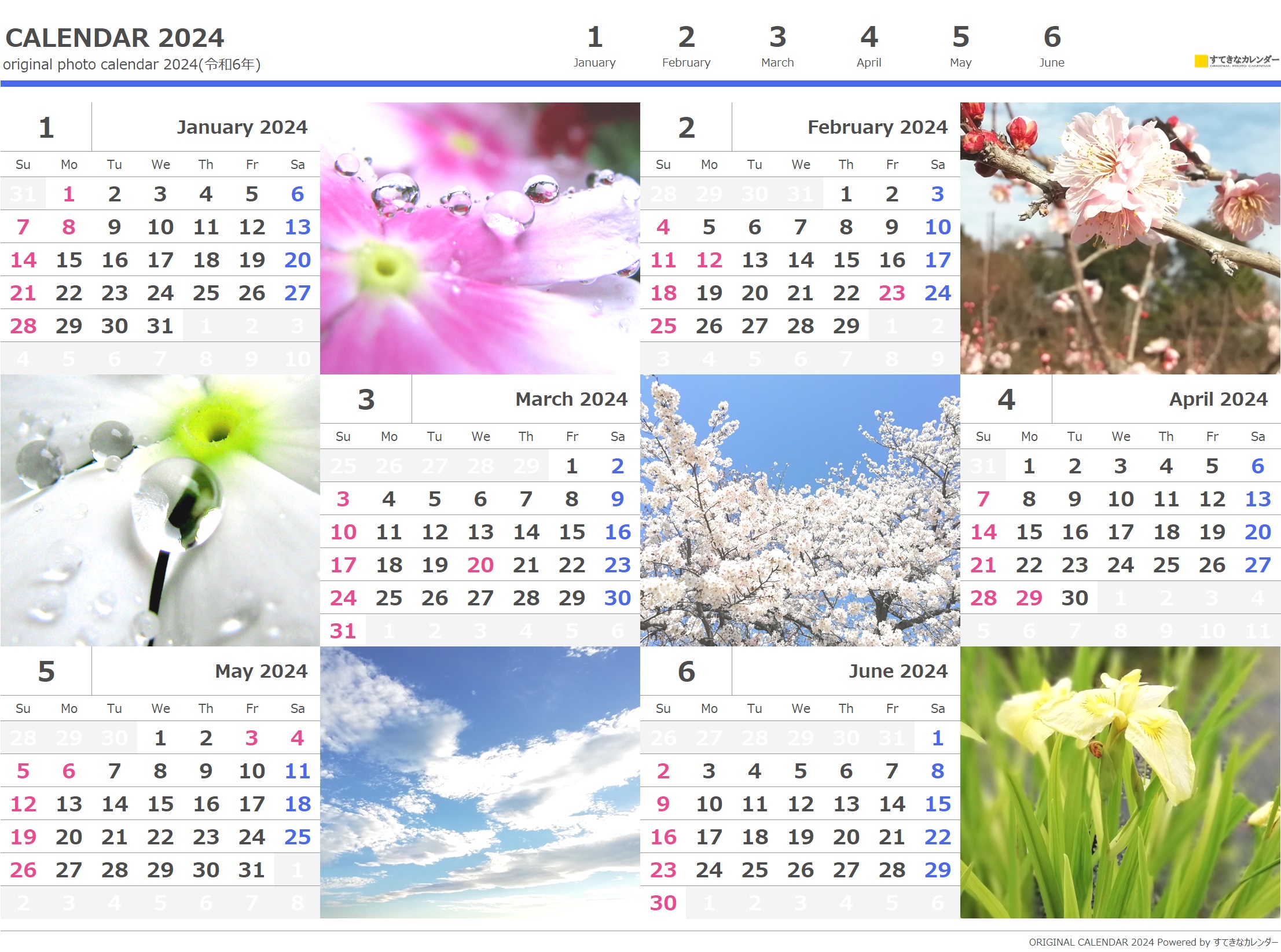  カレンダー 6ヶ月タイプ・横(ST_00627) 無料ダウンロード